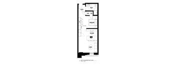 A floor plan of a unit with a living room, kitchen, bathroom and bedroom.