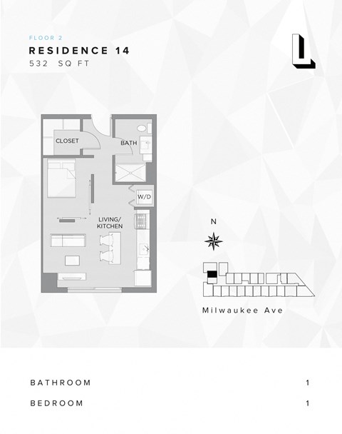 Junior 1-bed, 1-bath floor plan at L Logan Square Apartments, featuring a smart and efficient layout for comfortable living.