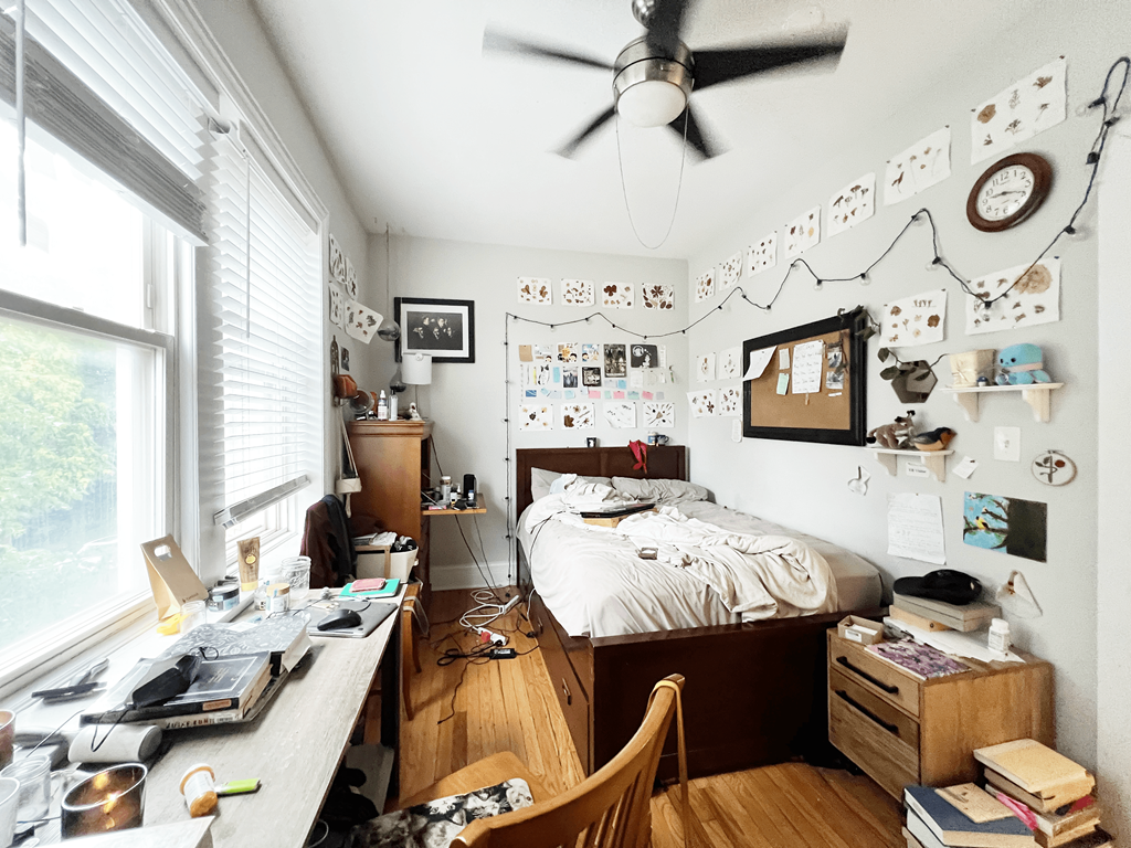 a bedroom with a bed and a desk and a ceiling fan