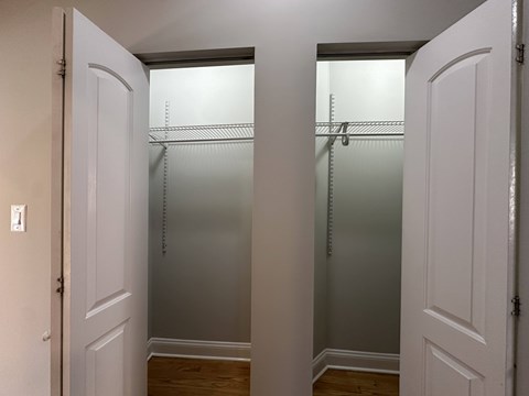 A white door is open to reveal a walk-in closet with shelves and a mirror.