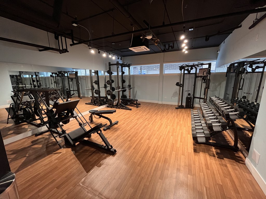 A gym with wooden floors and a variety of equipment.