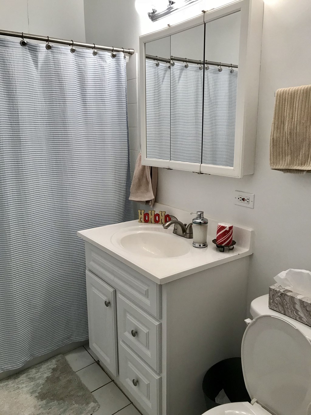 a bathroom with a sink and a shower and a toilet
