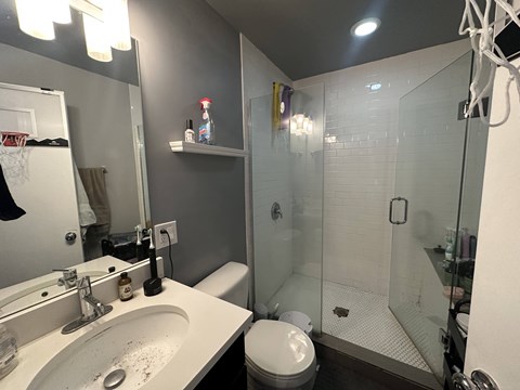 A bathroom with a sink, toilet, and shower.