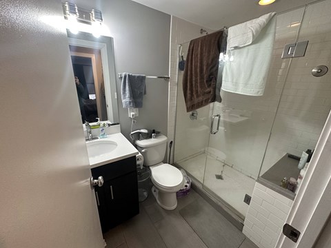 A bathroom with a toilet, sink, and shower.