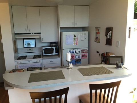 A kitchen with a white fridge and a white counter top.