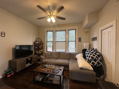 A living room with a grey couch and a television.