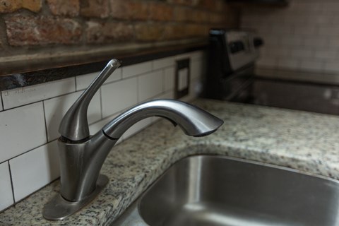 A stainless steel kitchen sink with a chrome faucet.