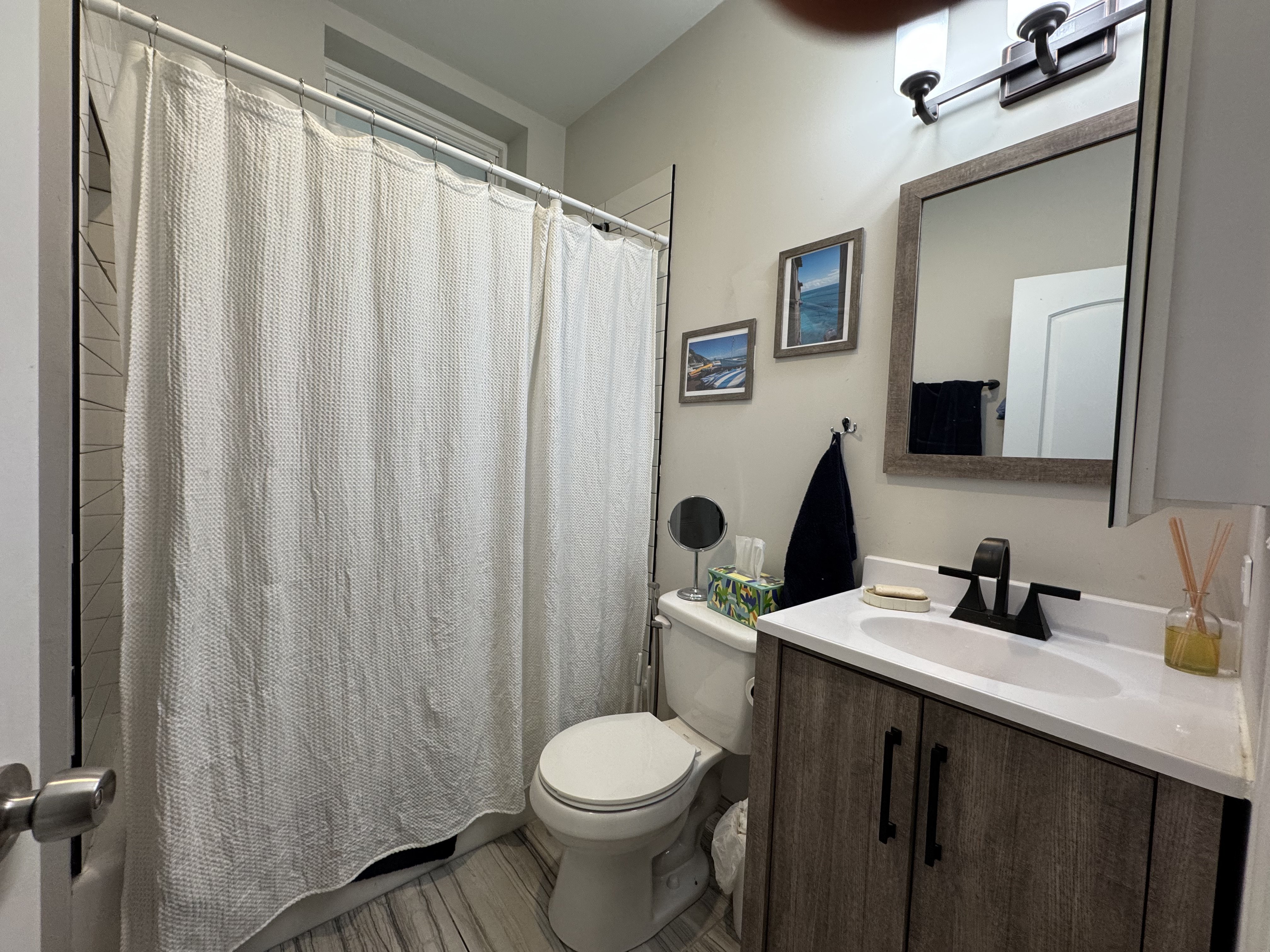 A bathroom with a toilet, sink, and shower curtain.