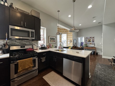 A kitchen with dark brown cabinets and a stainless steel dishwasher.