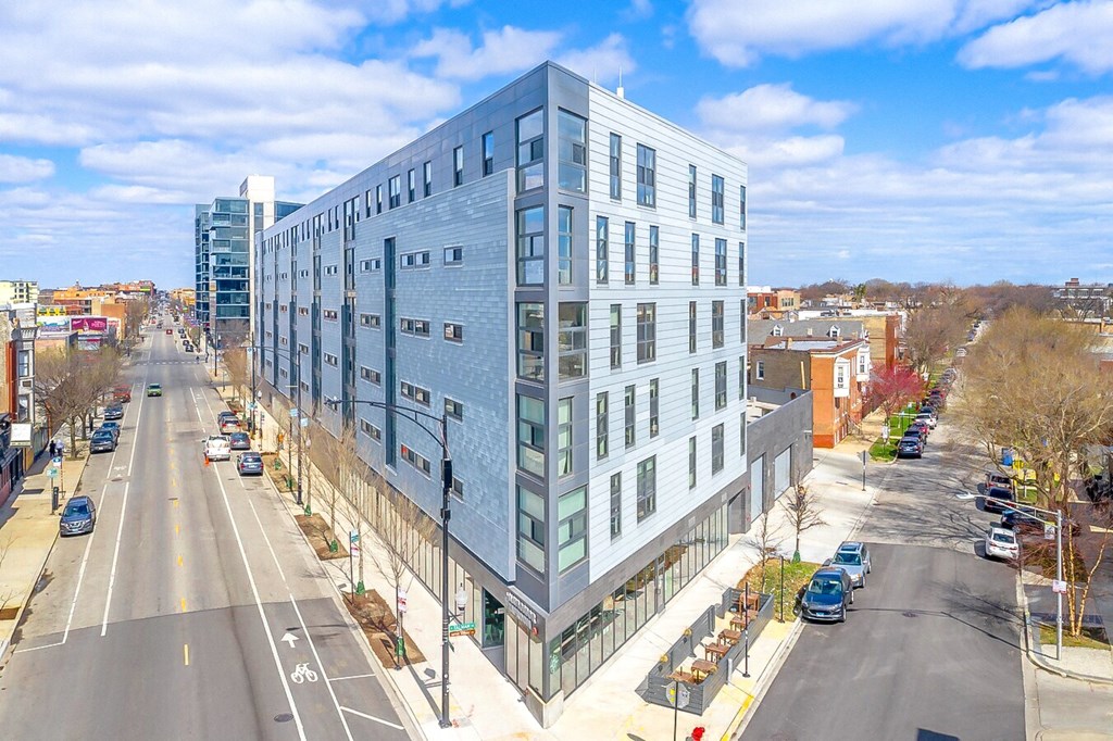 Aerial view of the impressive architecture and surroundings of L Logan Square Apartments