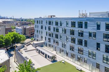 Aerial view of the impressive architecture and surroundings of L Logan Square Apartments
