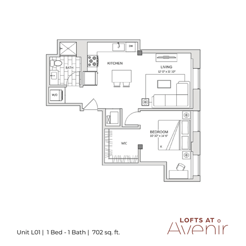 A floor plan of an apartment at Lofts at Avenir showing a bedroom, living room, kitchen, and bathroom.