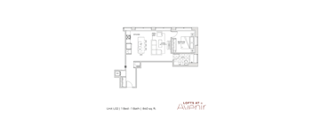 A floor plan of a one bedroom apartment with a bathroom and a kitchen.