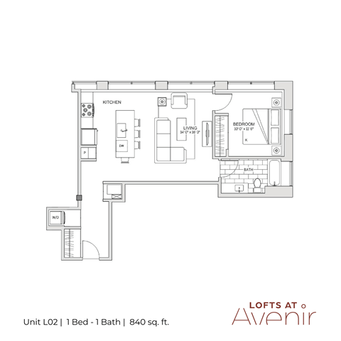 A floor plan of a one bedroom apartment with a bathroom and a kitchen.