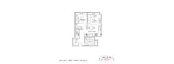 A floor plan of a one bedroom apartment with a loft.