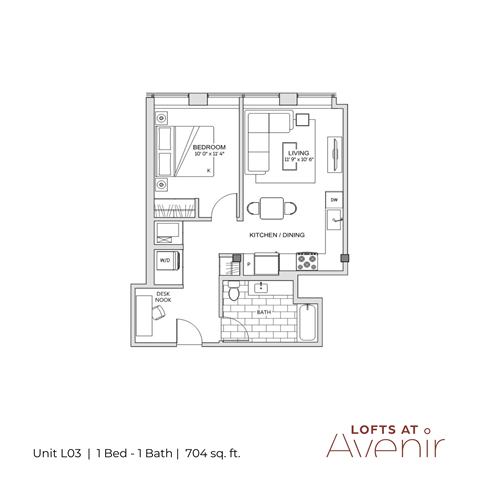A floor plan of a one bedroom apartment with a loft.