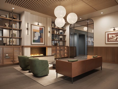 A modern living room with a fireplace and a large painting on the wall.