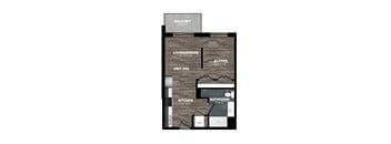 A diagram of a floor plan for a unit with a living room, kitchen, and bathroom.