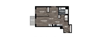 a floor plan of a studio apartment with a wood floor