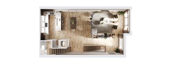 A top-down view of a modern, minimalist living space with a dining area and kitchen.