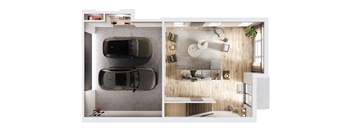 A modern house interior with a car in the garage.