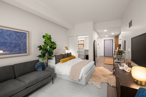 Studio floor plans provide generous space for a sofa and bed furnishings.