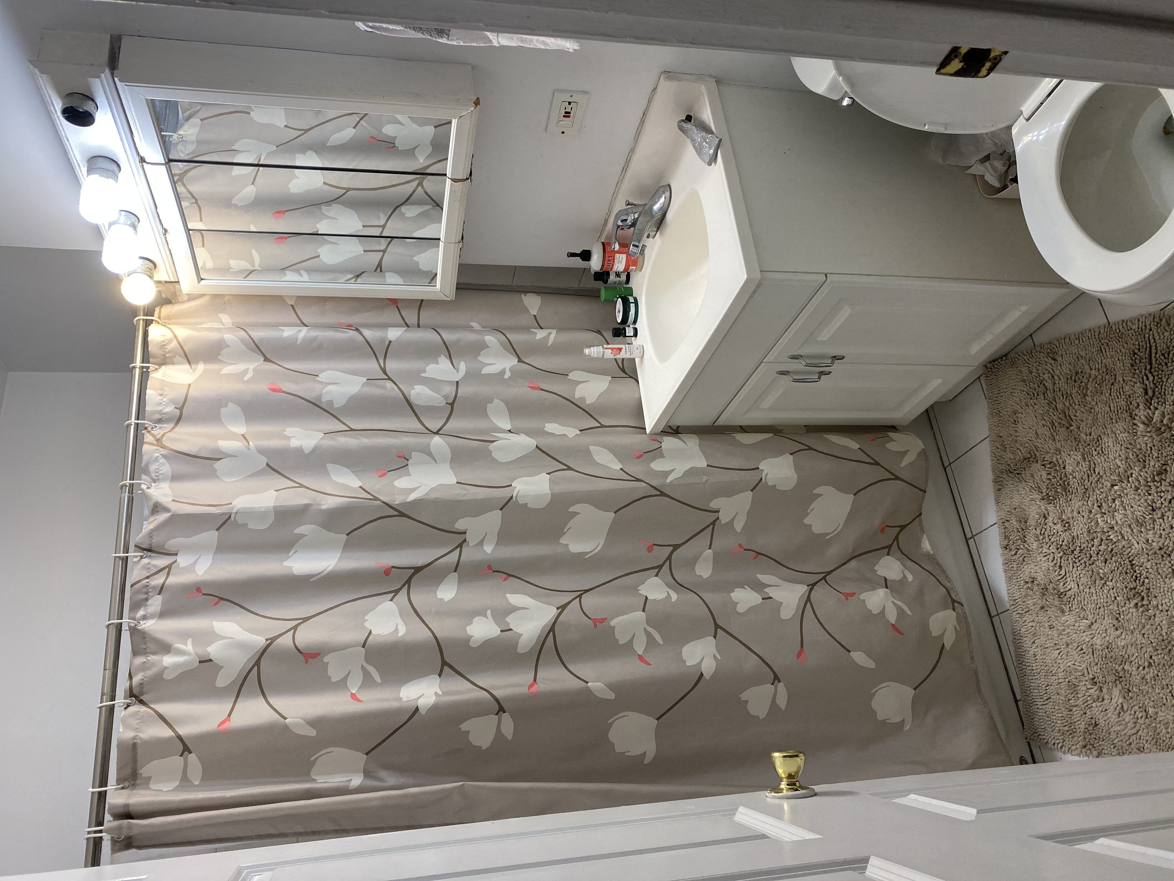 a bathroom with a toilet and a painting on the floor