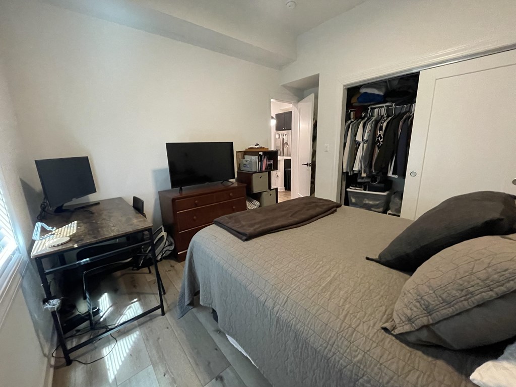 a bedroom with a bed and a tv and a closet