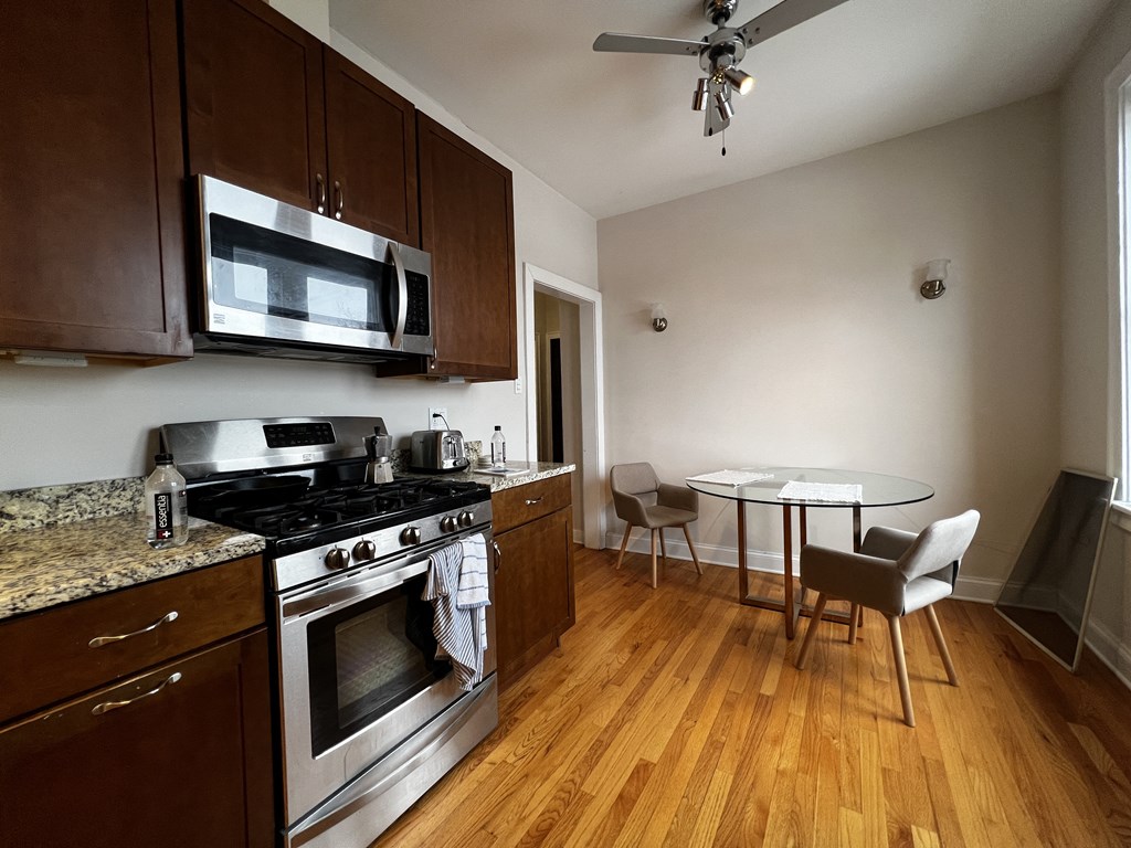 a kitchen and dining area in a small apartment