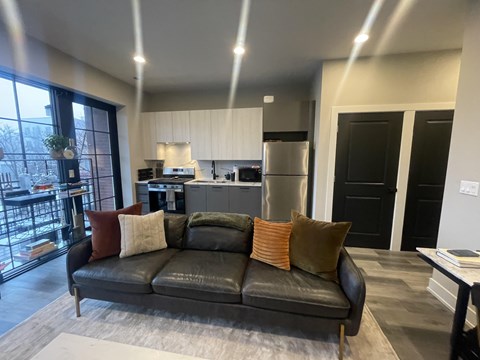 A black leather couch with four pillows sits in a living room.