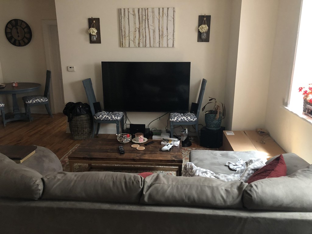 A living room with a grey couch and a black television.