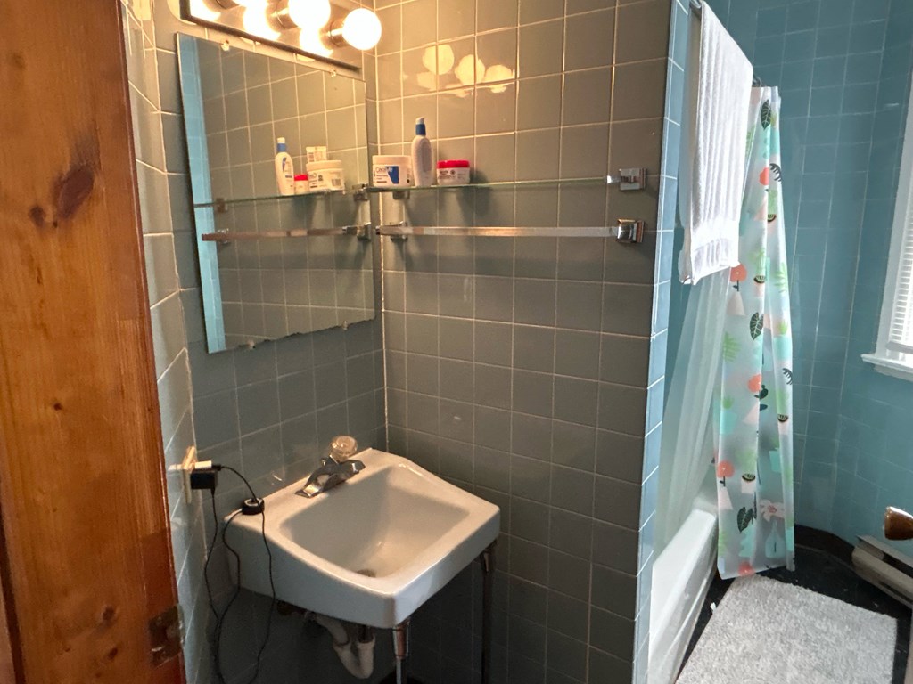 A bathroom with a sink and a shower.