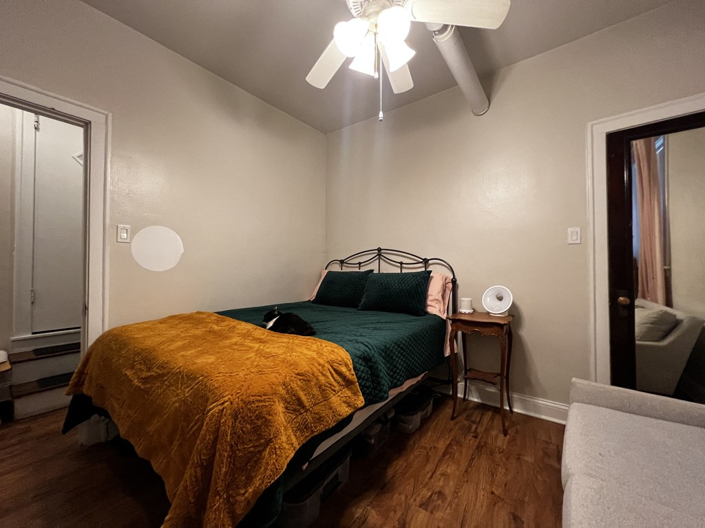 a bedroom with a bed and a ceiling fan