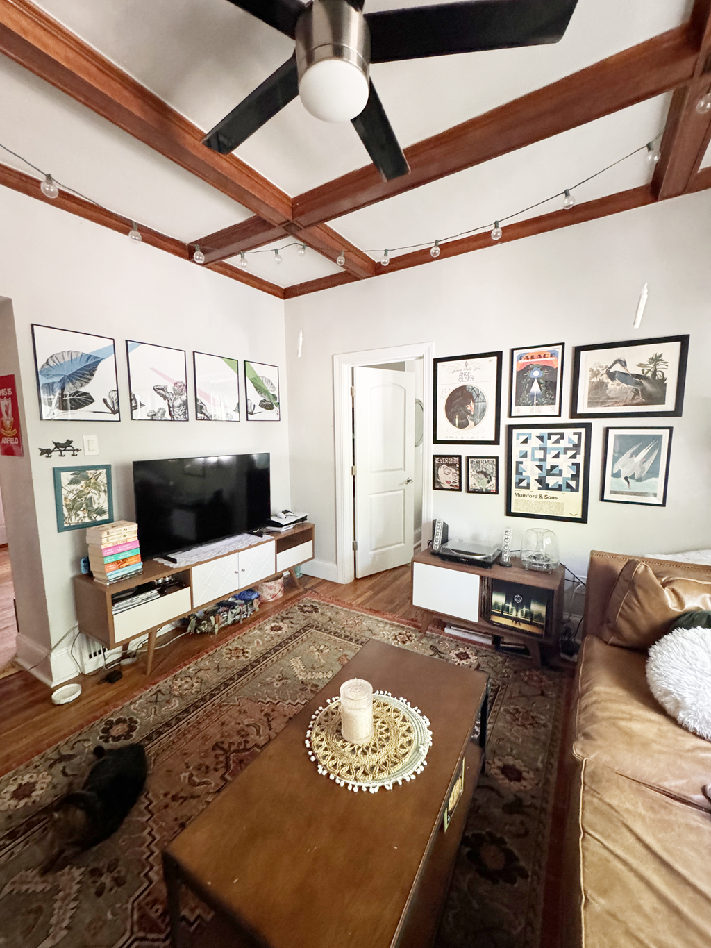a living room with a couch and a coffee table