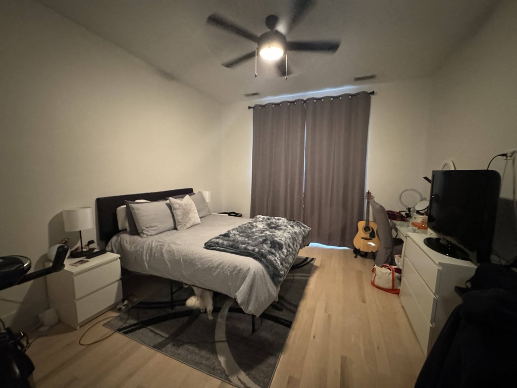 a bedroom with a bed and a ceiling fan