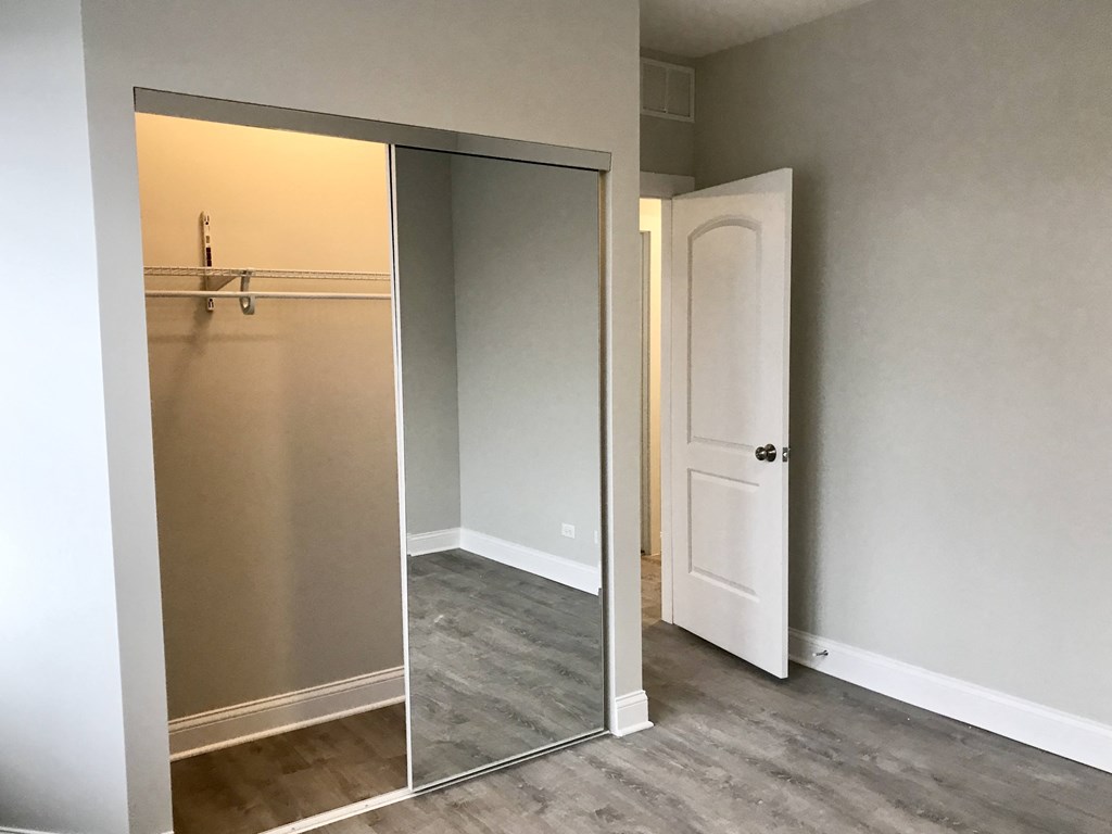 a large mirror in a room with a closet and a door