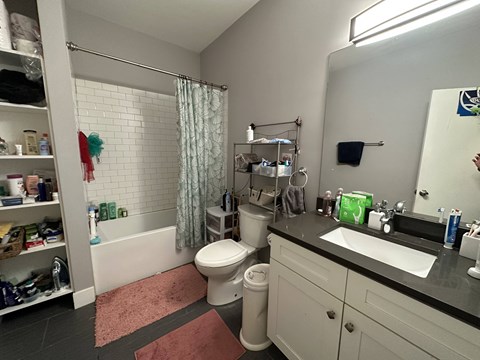 A bathroom with a toilet, sink, and shower.