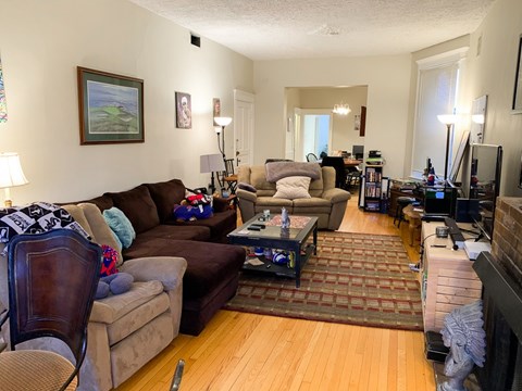 A living room with a brown couch and a fireplace.