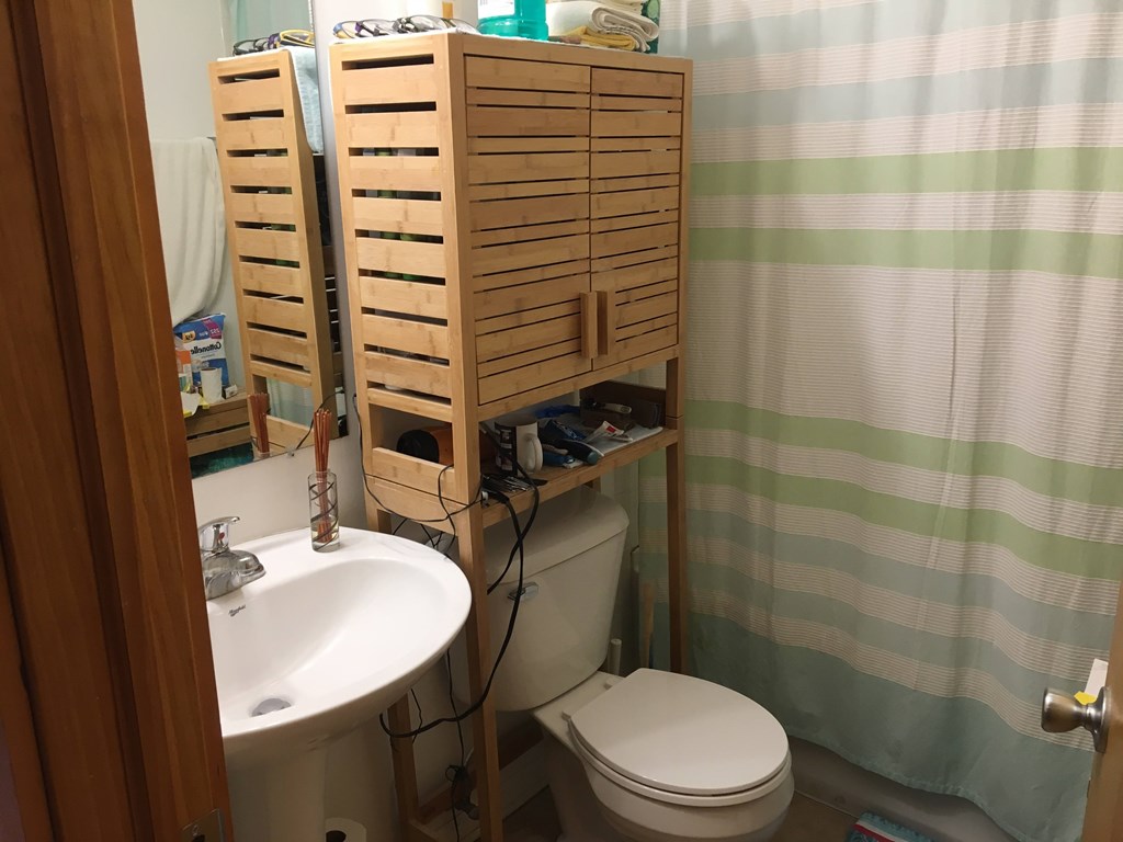 A bathroom with a toilet, sink, and a cabinet.