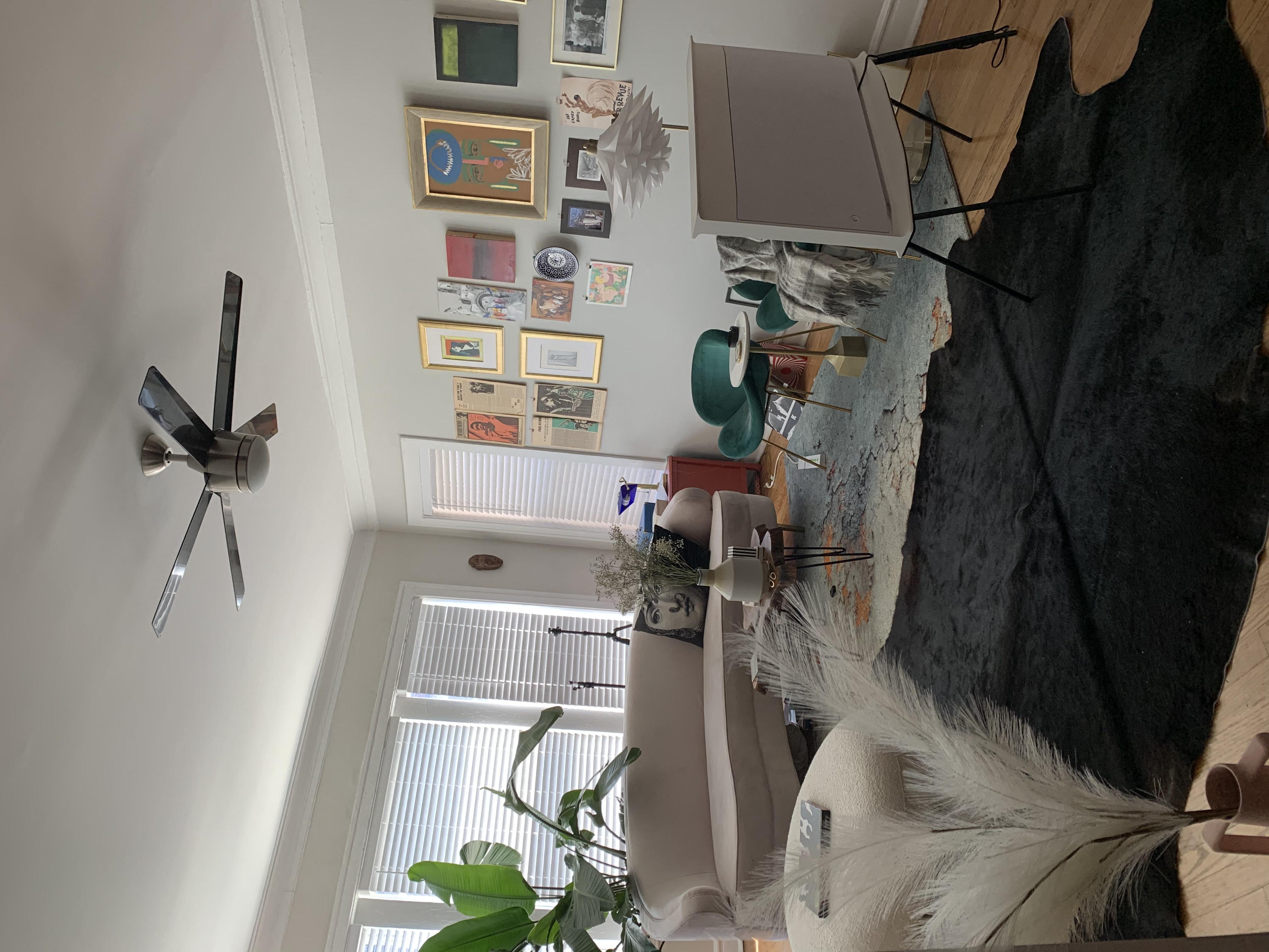 a living room with a plant and a ceiling fan