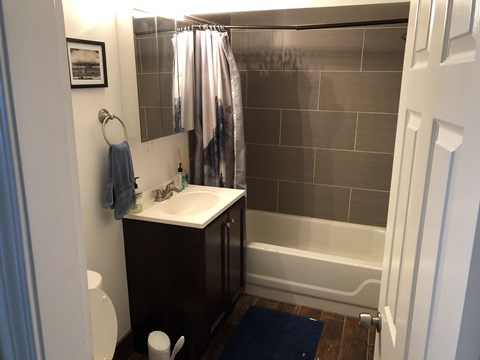 A bathroom with a sink, toilet and shower.