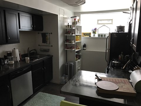 A kitchen with black cabinets and a green rug on the floor.