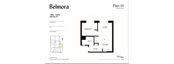 A floor plan for a 1 bedroom, 1 bath apartment at Belmora.