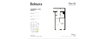 A floor plan for a 1 bathroom apartment in the Belmora building.