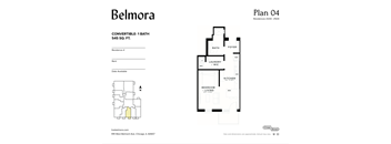 A floor plan for a 1 bathroom apartment in the Belmora building.