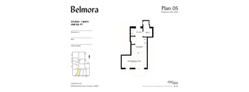 A floor plan for a studio apartment is shown with a bathroom, kitchen, and living room.