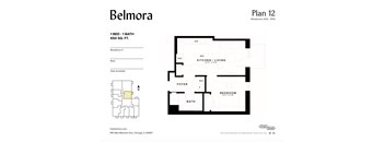 A floor plan for a 1 bedroom, 1 bathroom apartment at Belmora.