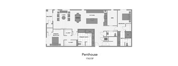 A penthouse floor plan with a living room, dining room, kitchen, den, and two bathrooms.