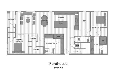 A penthouse floor plan with a living room, dining room, kitchen, den, and two bathrooms.