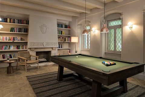 A pool table in a room with a fireplace and bookshelves.